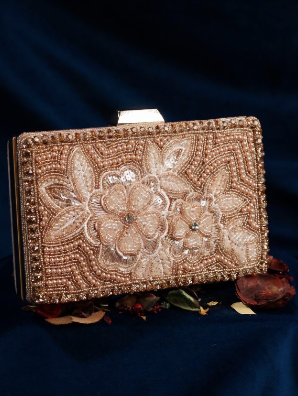 Embellished Floral Beaded Clutch in Rose Gold